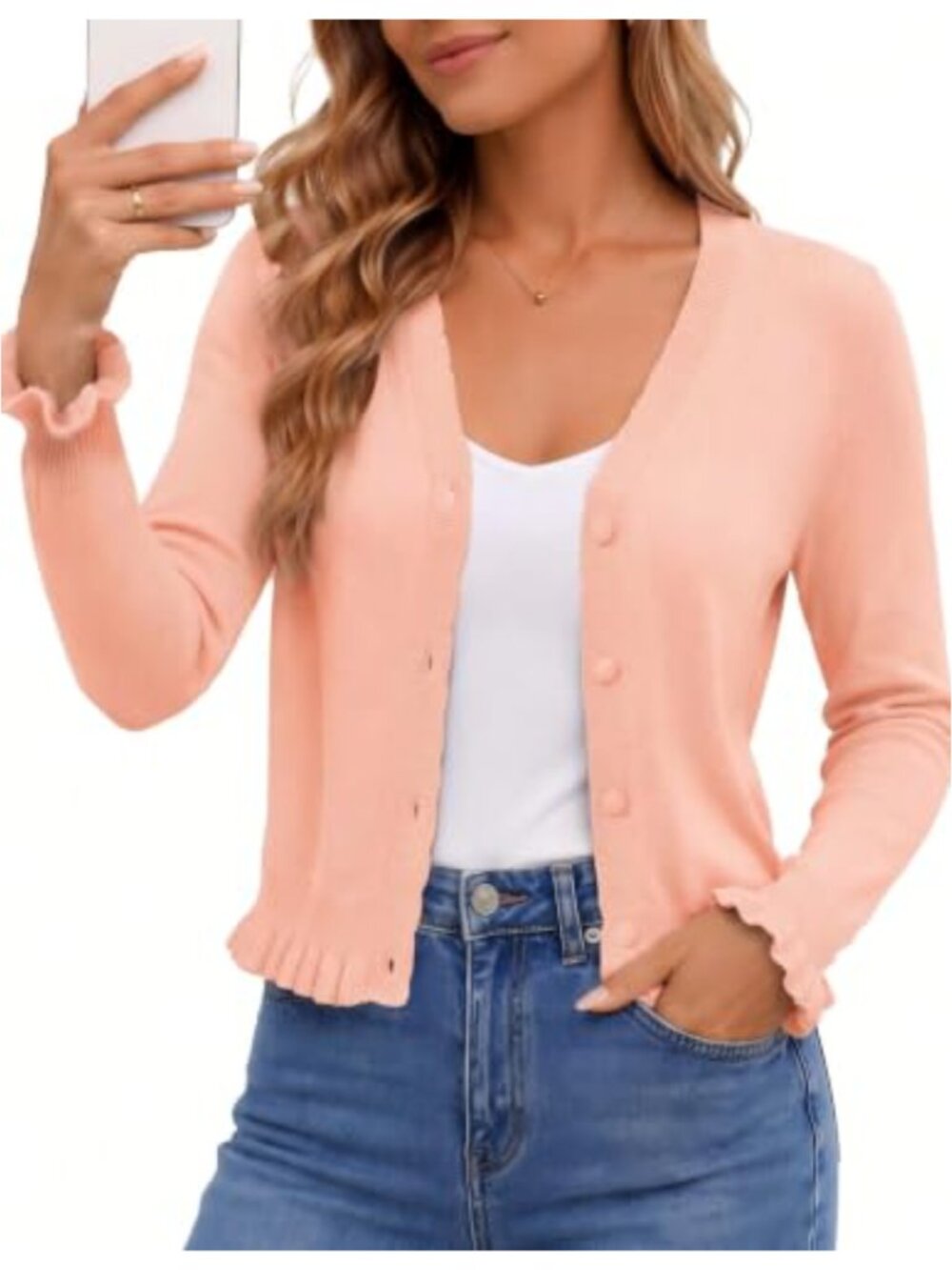 Lightweight Knit Cardigan for Women Button Front Ruffled V-Neck